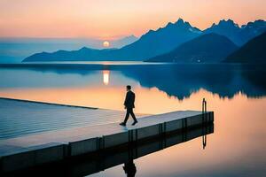 un hombre caminando en un muelle a puesta de sol con montañas en el antecedentes. generado por ai foto