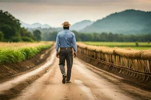 a man walking down a dirt road in the middle of a field. AI-Generated photo