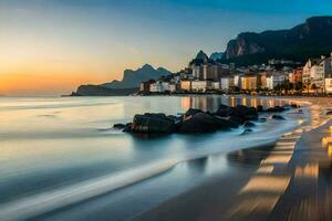 el playa a puesta de sol en rio Delaware janeiro, Brasil. generado por ai foto