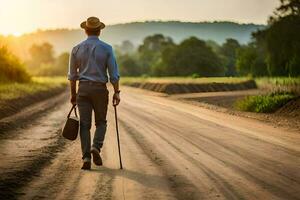 un hombre con un caña caminando abajo un suciedad la carretera. generado por ai foto