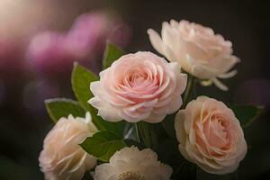 un ramo de flores de rosado rosas en un oscuro antecedentes. generado por ai foto