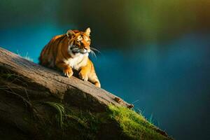 a tiger sitting on a log in front of a lake. AI-Generated photo