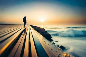 a man standing on a pier looking out at the ocean at sunset. AI-Generated photo
