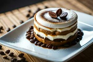 a dessert with coffee beans on a white plate. AI-Generated photo