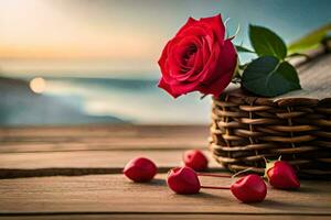 red roses in a basket on a wooden table. AI-Generated photo