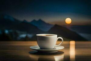 a cup of coffee on a table in front of a mountain view. AI-Generated photo