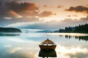 a boat sits on the calm water at sunset. AI-Generated photo