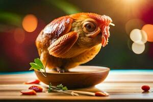 a chicken is sitting on a wooden bowl with berries. AI-Generated photo