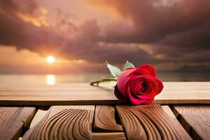 a single red rose sits on a wooden table in front of a sunset. AI-Generated photo