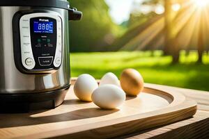 un instante maceta con huevos en un mesa. generado por ai foto