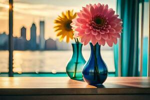 two vases with flowers on a table in front of a window. AI-Generated photo