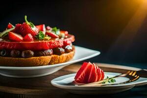 a strawberry cake with strawberries and chocolate on top. AI-Generated photo
