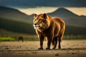 un león en pie en el medio de un campo. generado por ai foto