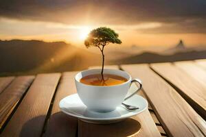 a tree growing in a cup of tea. AI-Generated photo