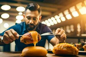 un hombre es comiendo un hamburguesa con queso. generado por ai foto