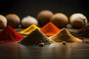 various spices and spices on a table. AI-Generated photo