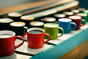 many different colored coffee cups are lined up on a table. AI-Generated photo