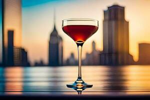 a glass of red wine on a table in front of a city skyline. AI-Generated photo