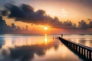 un muelle en el Oceano a puesta de sol. generado por ai foto