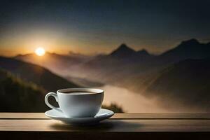 un taza de café en un de madera mesa en frente de un montaña vista. generado por ai foto