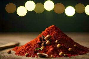 a pile of spices on a wooden table with a light background. AI-Generated photo