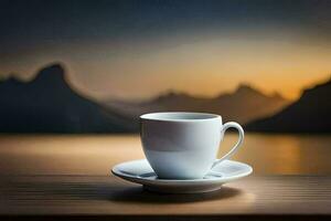 coffee cup on a table with mountains in the background. AI-Generated photo