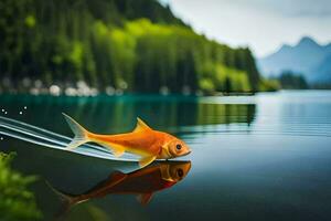 un pescado es nadando en el agua cerca un montaña. generado por ai foto