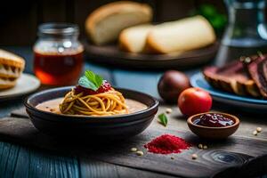 a bowl of spaghetti with tomato sauce and bread on a wooden table. AI-Generated photo