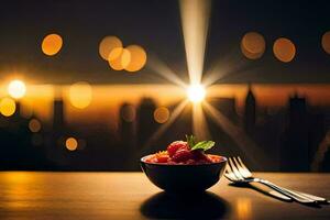 a bowl of raspberries sits on a table with a cityscape in the background. AI-Generated photo