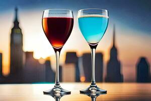 two glasses of wine with a city skyline in the background. AI-Generated photo