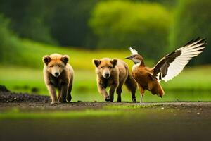 two brown bears and a bird walking together. AI-Generated photo