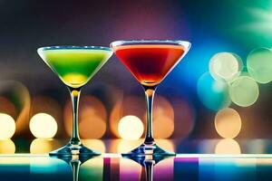 two colorful cocktails on a table with bokeh lights. AI-Generated photo