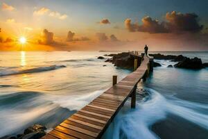 the man stands on the wooden pier at sunset. AI-Generated photo