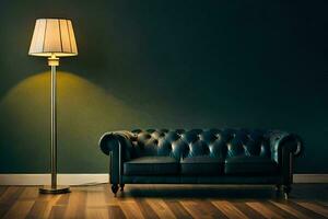 a dark green wall, a leather couch and a lamp. AI-Generated photo