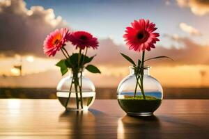 two vases with pink flowers on a table. AI-Generated photo