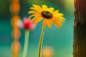 a single yellow flower stands in front of a green plant. AI-Generated photo