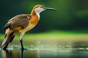 a bird standing on the water with its beak open. AI-Generated photo