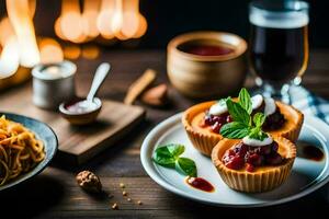 food on a table with a fire in the background. AI-Generated photo