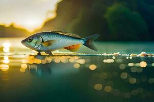 un pescado es en pie en el agua a puesta de sol. generado por ai foto