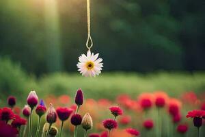a daisy hanging from a string in a field. AI-Generated photo