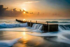 el Dom sube terminado un muelle y olas estrellarse dentro el océano. generado por ai foto