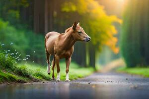un caballo es caminando a lo largo un la carretera en el bosque. generado por ai foto