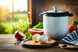 a white pot with eggs and vegetables on a wooden table. AI-Generated photo