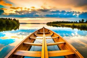 a wooden boat is floating on the water at sunset. AI-Generated photo