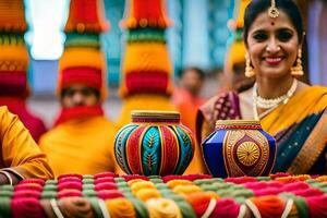 a woman in a sari is holding a colorful pot. AI-Generated photo