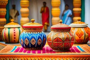 colorful pots and vases sit on a table. AI-Generated photo