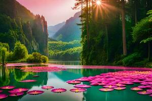 beautiful nature landscape with lotus flowers in the water. AI-Generated photo