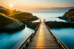 a wooden bridge over the ocean at sunset. AI-Generated photo