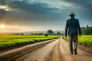 a man in a suit and hat walks down a dirt road. AI-Generated photo