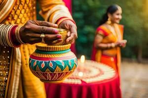 un hombre y mujer en tradicional indio atuendo son participación un maceta. generado por ai foto